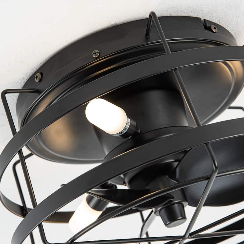 13-inch Matte Black Industrial Flush Mount Small Caged Fandelier Ceiling Fan with Remote and LED Light