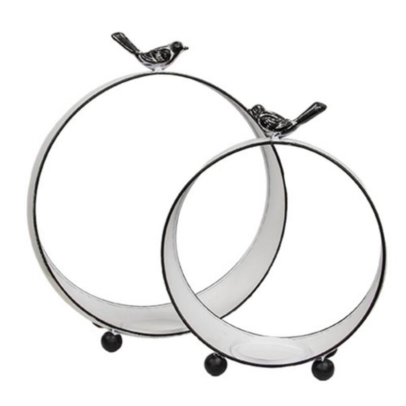 Set of 2 Round Metal Pillar Lanterns with Bird Tops for Indoor and Outdoor Decor Display - White