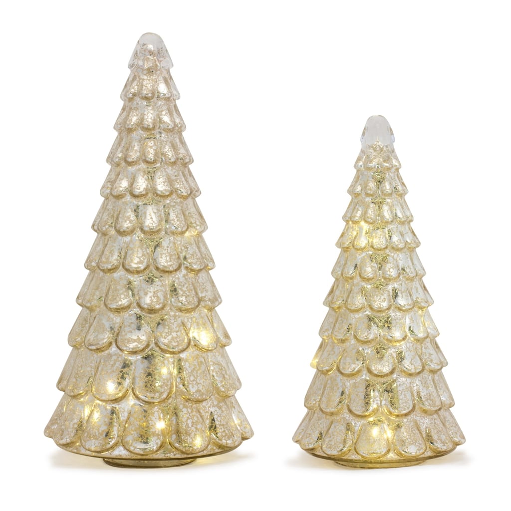 Set of 2 Gold LED Lighted Christmas Tree Tabletop Decor 15.75"