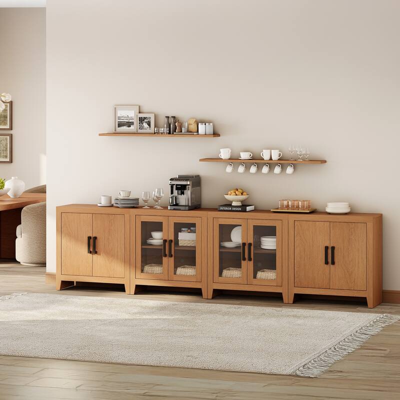 WAMPAT Large Farmhouse TV Stand with Glass Door & Cabinet Storage, Rustic Media Console for up to 110-inch TVs