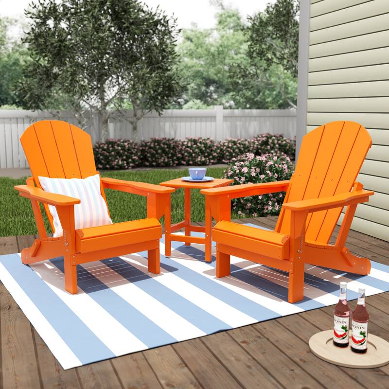 Polytrends Laguna Hdpe All Weather Outdoor Patio Foldable Adirondack Chairs With Side Table (3-Piece Set) - Orange