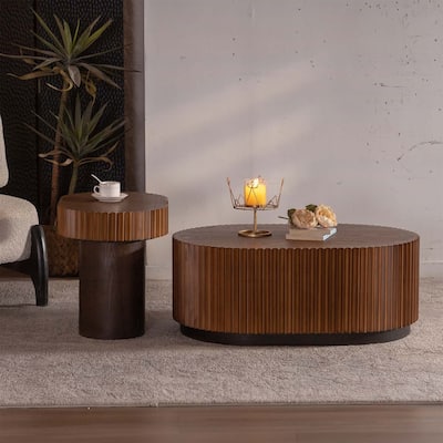 Handcraft Round Nesting Coffee Table Set of 2,Chic Wave Stripe Edge,for Living Room