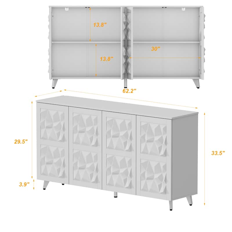 Geometric 4-Door Sideboard Buffet Cabinet with Adjustable Shelves, White Finish