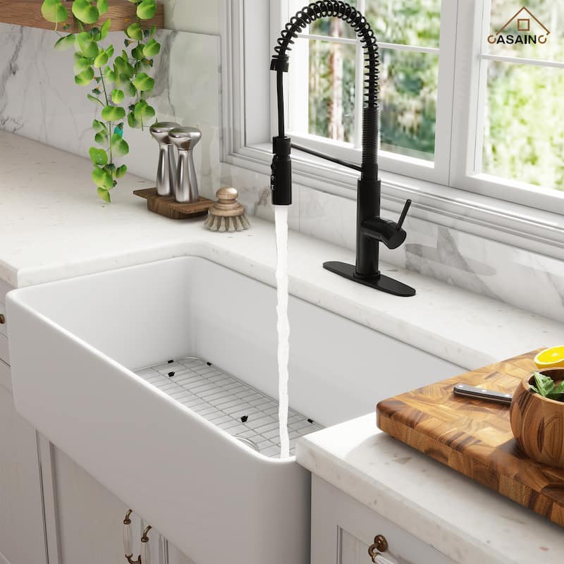 Farmhouse/Apron-Front Single Bowl Fireclay Kitchen Sink with 3-Function Pull-Down Kitchen Faucet, Grid, and Basket Strainer