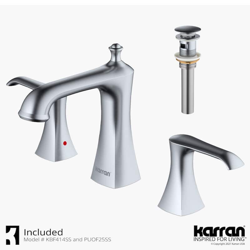 Karran Woodburn Widespread Three-Hole 2-Handle Bathroom Faucet with Matching Pop-Up Drain - Stainless Steel