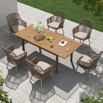 Outdoor Patio Dining Set PE Wicker Arm Chair and Extendable Dining Table (7-Piece Set)