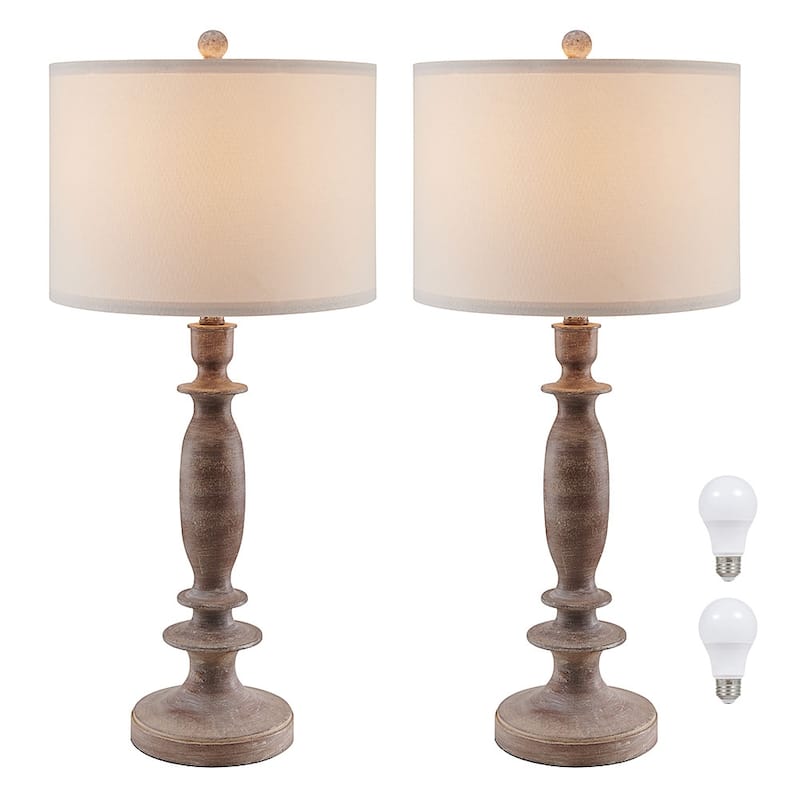 29 in. Wood Farmhouse Table Lamp with White Linen Shade, 9.5-Watt LED Bulbs Included (Set of 2) - 2-Pack 29"H - 2-Pack 29"H