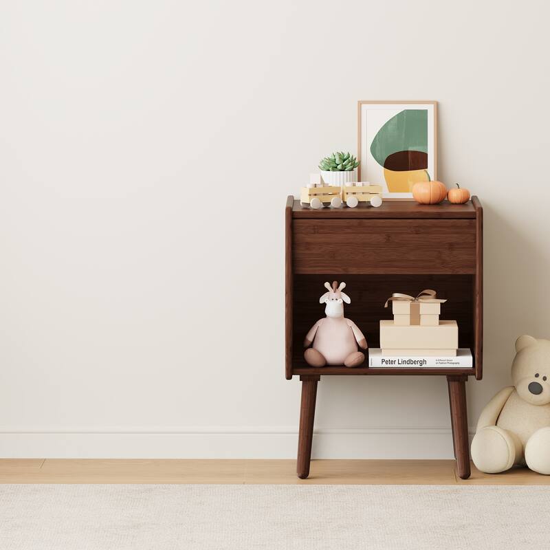 Nightstand With Drawer And Open Compartment, Solid Wood Legs