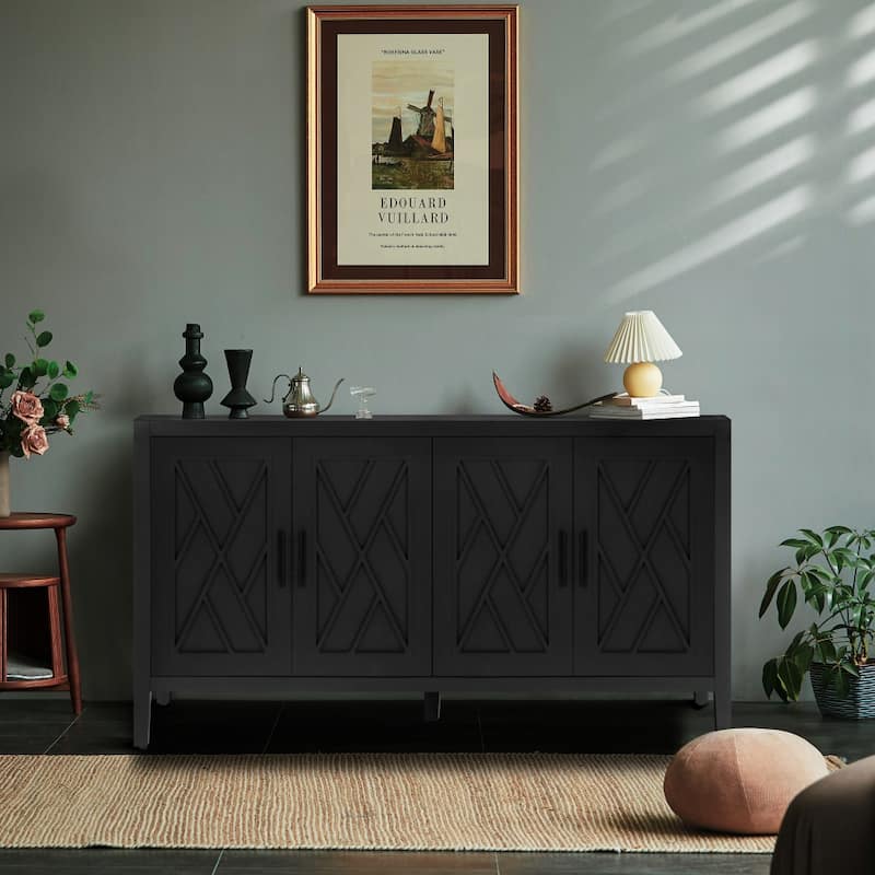59.8in Vintage 4 Door Wooden Sideboard Living Room Entryway Cabinet - Black + Dark Walnut