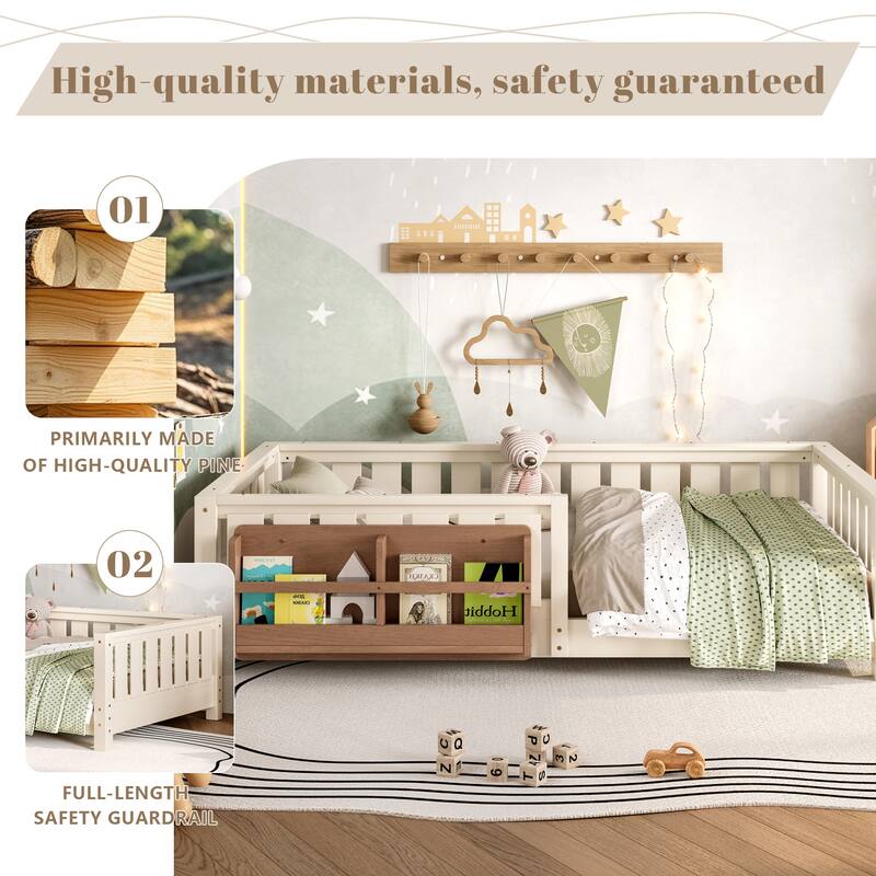Montessori Floor Bed Low Profile Kids Bed with Rails & Bookshelf