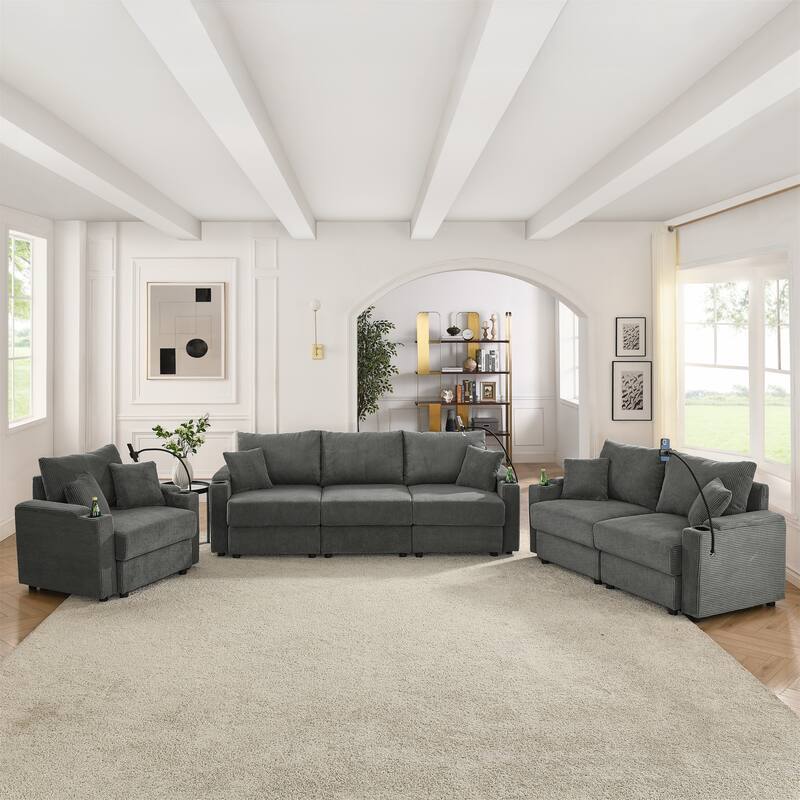 1+2+3 Seater Sofa Set Deep Seat Corduroy Upholstered Storage Couch with Removable Cushions, Cup Holders and Phone Stands - Beige