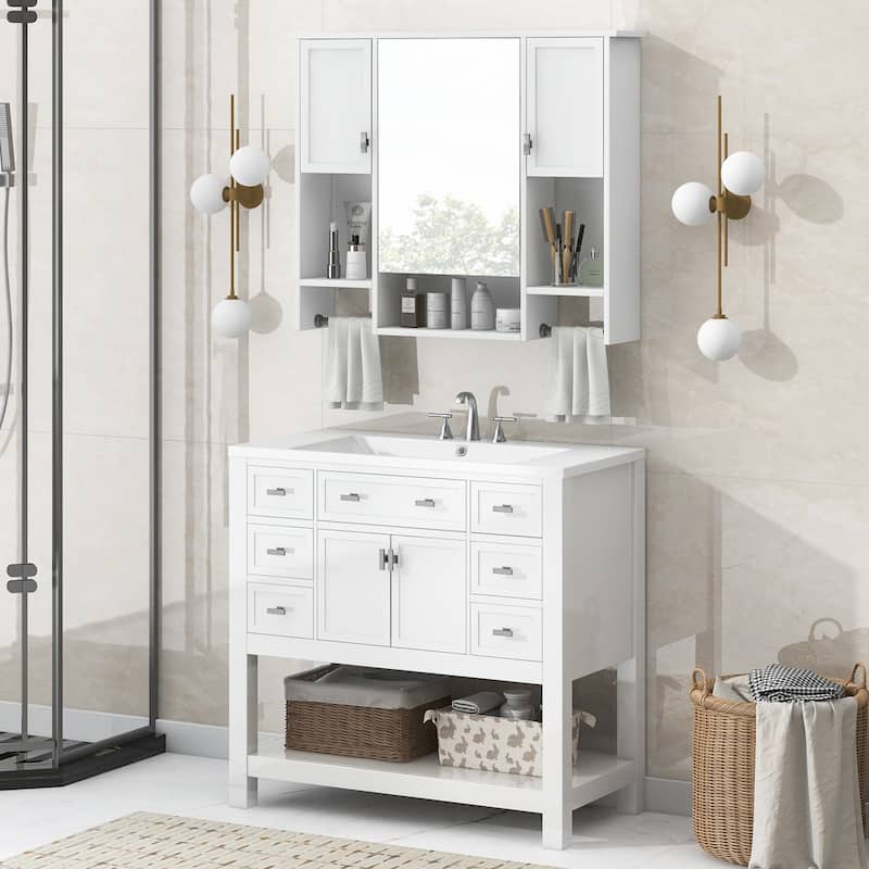 Bathroom Furniture Set of 2 - Vanity Cabinet with 6 Drawers and Open Shelf, Mirror Cabinet with 2 Towels Bars and 3 Open Shelves