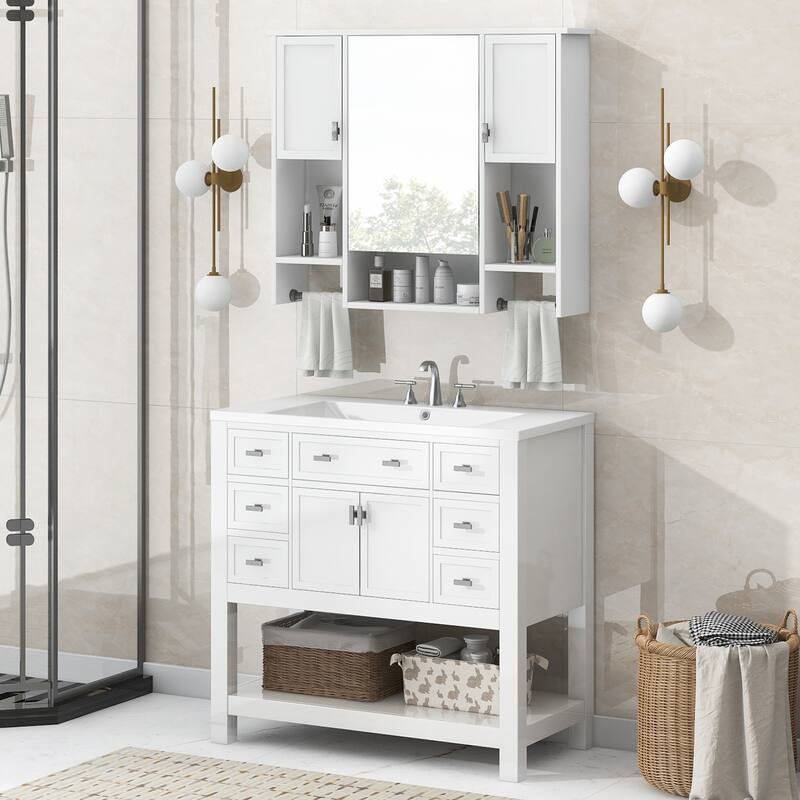 Roomfitters 36" Vanity with Sink, Mirror Cabinet and Towel Bar, Storage Unit with 6 Drawers and 2 Doors, Modern Design