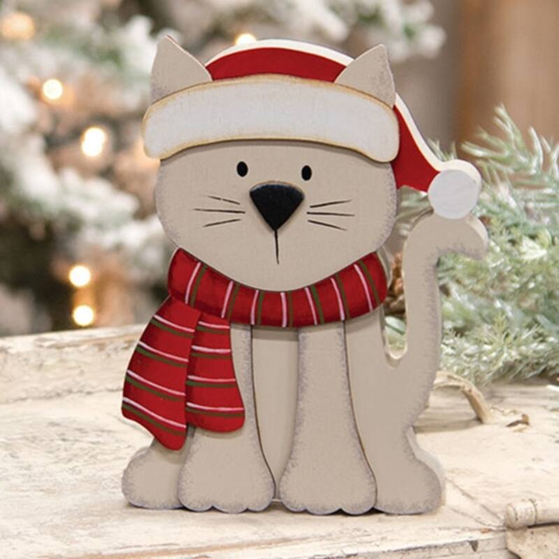 Kitten in Santa Hat and Scarf Chunky Wooden Christmas Sitter - 4" x 0.75" x 6"