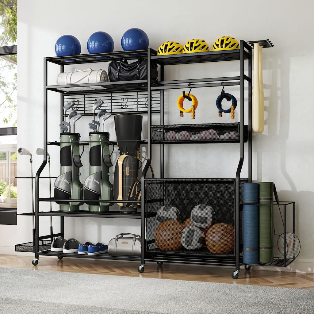 Moasis Sports Equipment Organizer, 3 Golf Bag Storage Stand with Lockable Wheels
