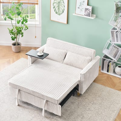 Beige Corduroy Pull-out and Push-in Sofa with Movable Tabletop and USB Ports