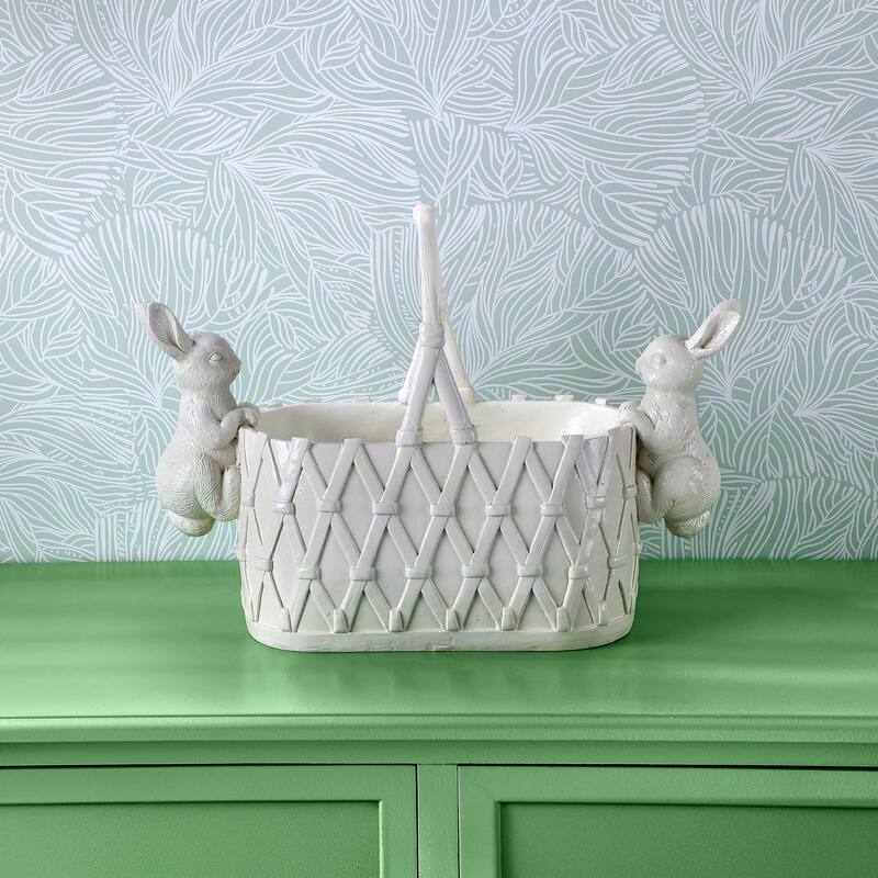 16" Resin Basket Planter With Bunnies