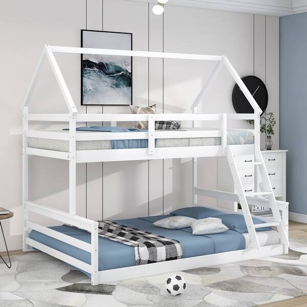 slide 2 of 18, Twin/Full House Floor Bunk Bed with Ladder & Guardrails White