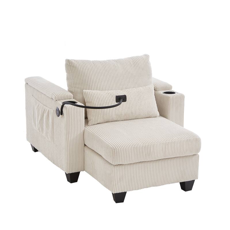 Convertible Sleeper Sofa Chaise Lounge with Movable Backrest, Corduroy Reading Chair with USB Ports, Cup Holders & Phone Holder