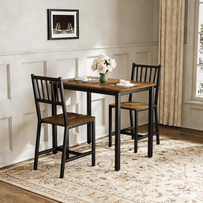 Anmytek Industrial 3 Piece Dining Set Walnut Wood Table with 2 Chairs Space Saving Breakfast Bar for Kitchen and Small Spaces