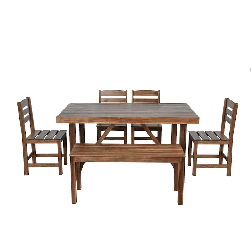 6 Piece Patio Furniture Set, Acacia Wood Outdoor Dining Table and Chairs Set with Rectangular Table, 4 Chairs and Bench