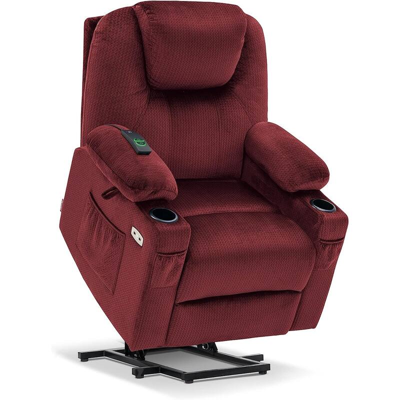 MCombo Small Power Lift Recliner Chair Sofa with Massage and Heat, 3 Positions and USB Ports Extended Footrest, Fabric 7141 - Burgundy