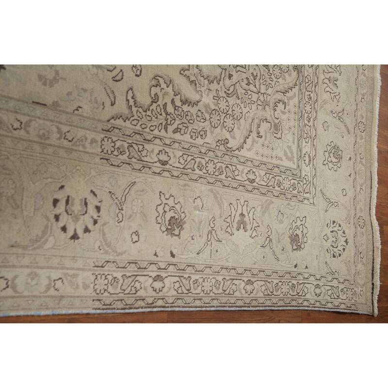 Hand Knotted Oriental 100% Wool Carpet Traditional Floral Beige & Ivories Tabriz Area Rug - 12' 8'' X 9' 9''