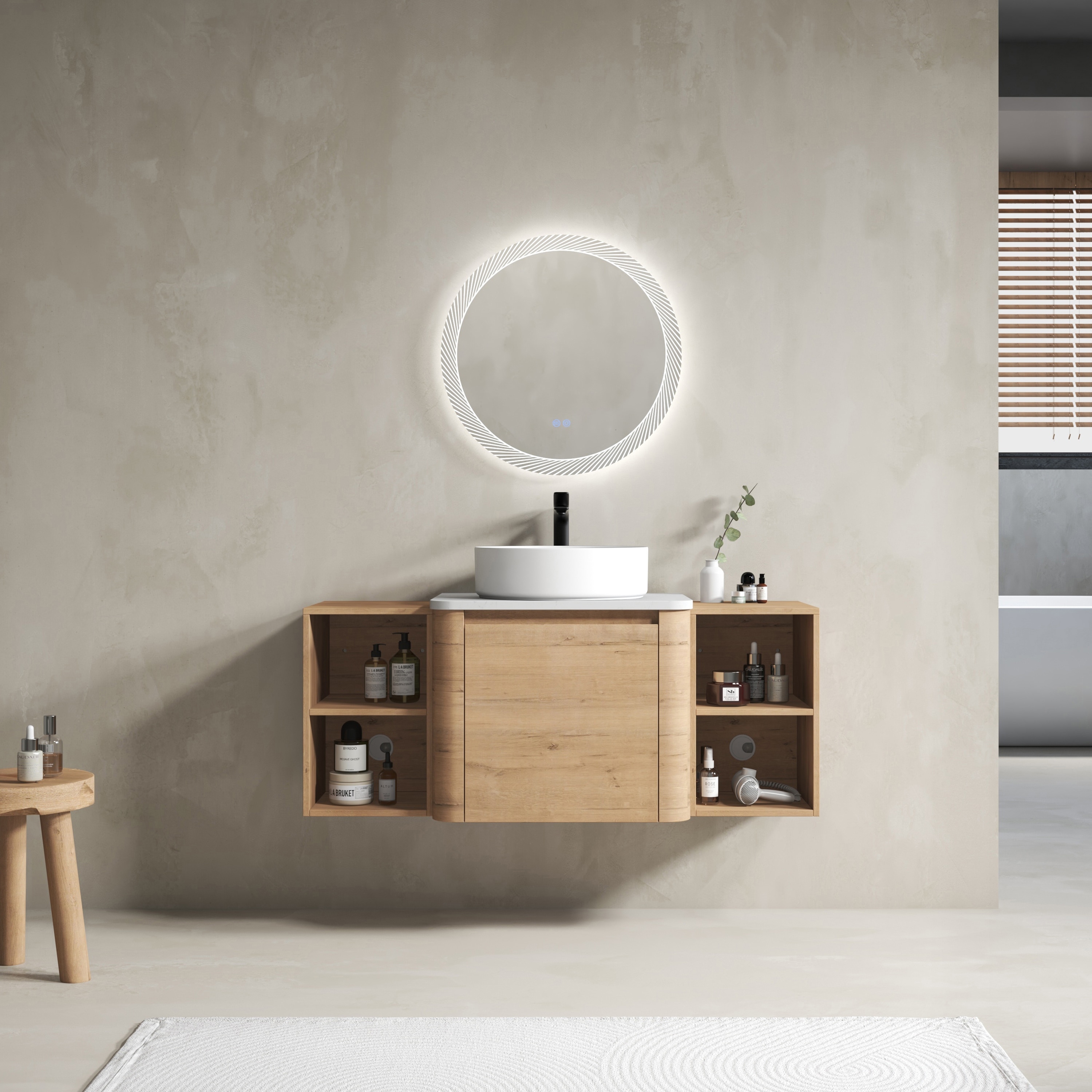 48'' Wall-Mounted Bathroom Vanity With Ceramic Art Sink, and 3-Storage Shelves, Soft-Close Door, KD-Packing, Plywood