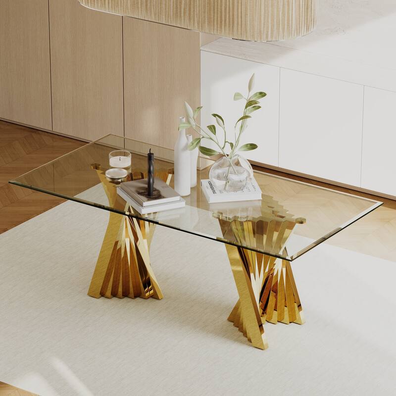 Luxury 78 inch Glass Dining Table with Mirrored Stainless Steel Base - Gold - 94 inch
