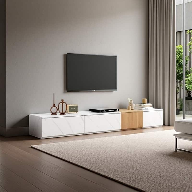 Modular TV Stand for TVs up to 88'' with Faux Marble, 4 Storage Drawers, Modern Media Console for Living Room - White