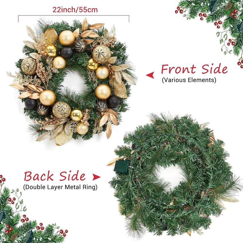 22 in Artificial Christmas Wreath, Pre-Lit Lighted with Ball Ornaments