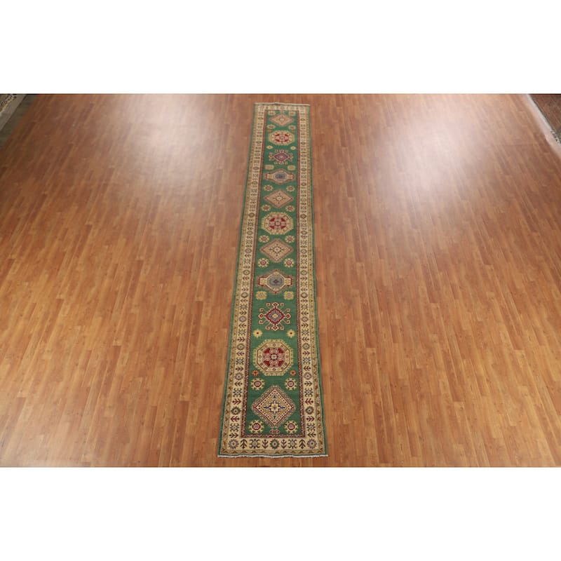 Green Kazak Runner Rug Hand-Knotted Geometric Wool Carpet - 2'7" x 16'2"