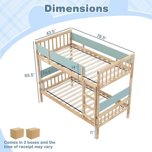 dimension image slide 0 of 2, Costway Twin Over Twin Bunk Bed Solid Wood Bed Frame with Ladder