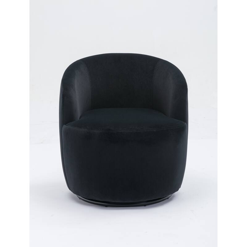 Modern Barrel Swivel Accent Chair with Metal Base, Round Velvet Upholstered Reading Chair w/ Curved Back for Living Room Bedroom