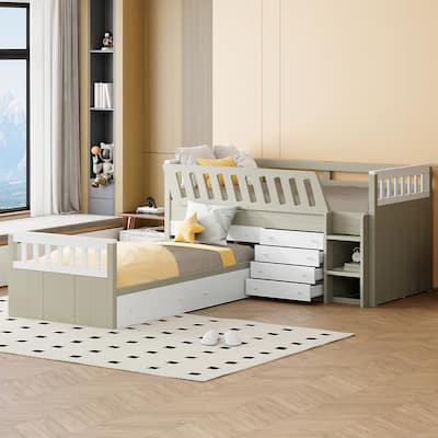 L-Shaped Twin Loft and Platform Bed with 7 Drawers, Full Guardrails - Space-Saving Design