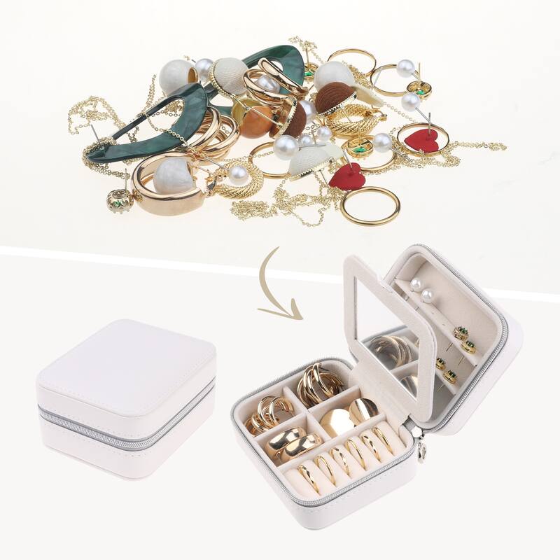 Travel Jewelry Box for Girl's Gifts, Small Portable PU Leather Jewelry Organizer Case Storage Display Holder - 11x9x5.5cm - White