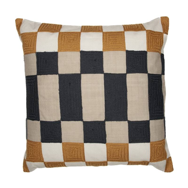 20" Beige Ivory And Navy Blue Check Throw Pillow Cover