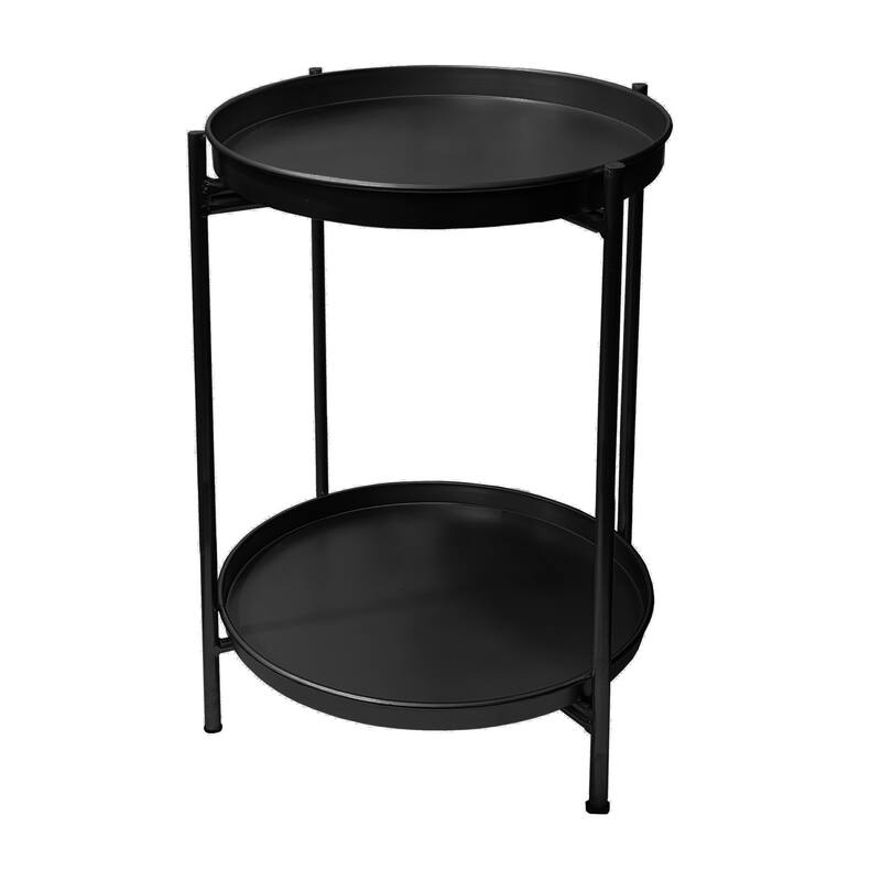 Vica 15 Inch Modern Side End Table, Metal Round Tray Top Foldable Legs, Black