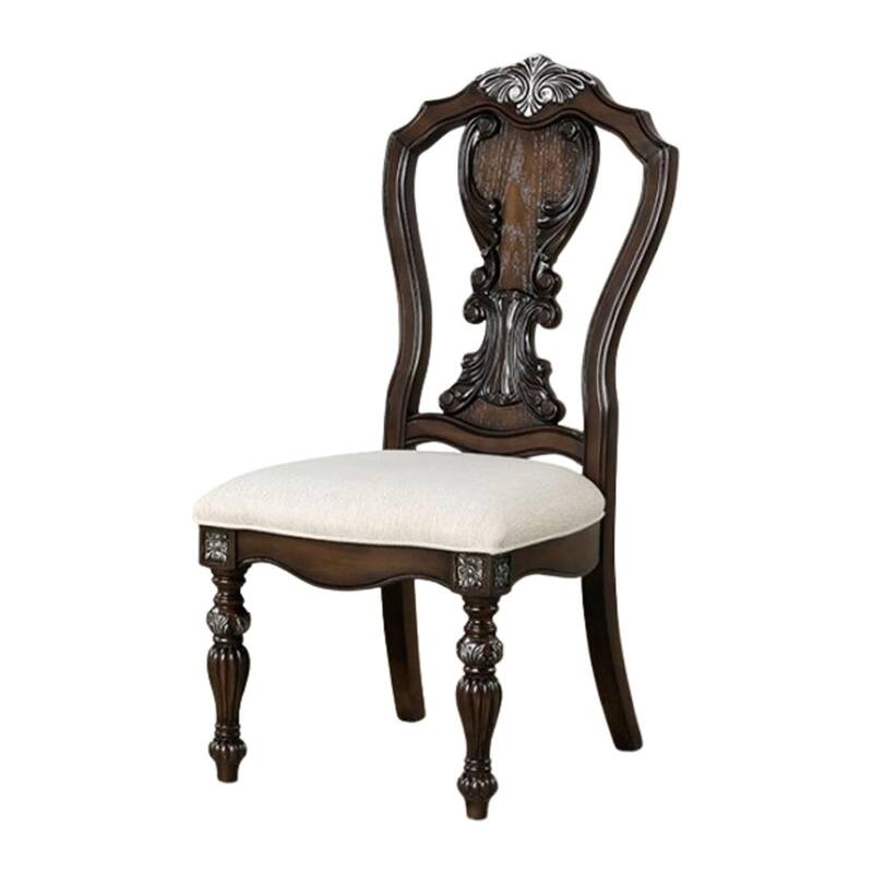 Naddy Side Dining Chair Set of 2, Ornate Carved Dark Brown Wood
