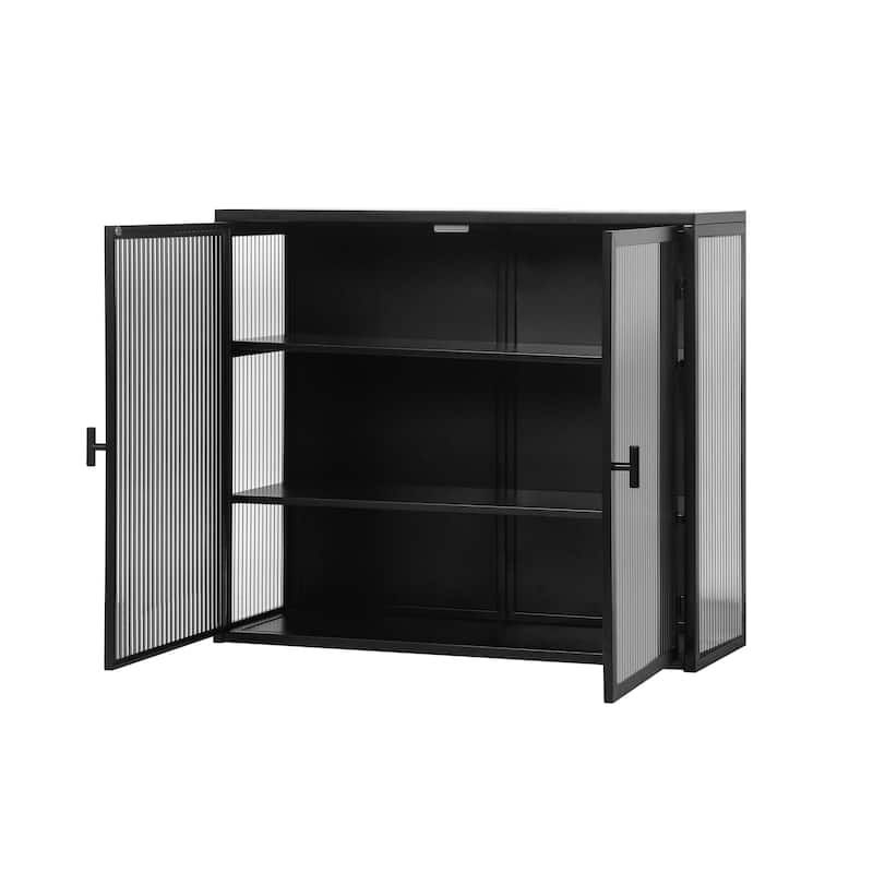 Modern White Sideboard with Fluted Tempered Glass Doors, 3-Tier Storage Cabinet for Living Room or Bedroom