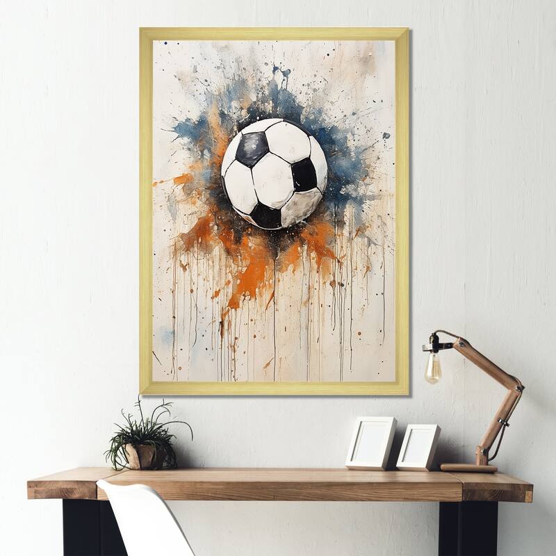 Designart "Wolrd Cup Beige Soccer Ball" Soccer Wall Decor White - Modern Entryway Framed Wall Art Print - 34 in. wide x 44 in. high - Gold