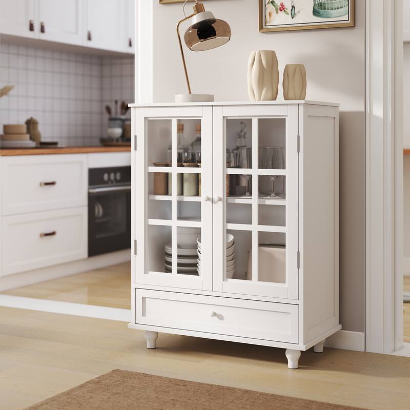 Anmytek Modern White Buffet Cabinet with Glass Doors and Drawer Wooden Storage Sideboard for Dining Room - White