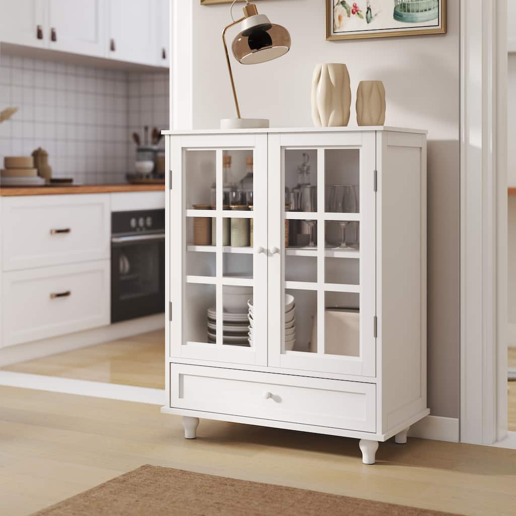 Anmytek Modern White Buffet Cabinet with Glass Doors and Drawer Wooden Storage Sideboard for Dining Room
