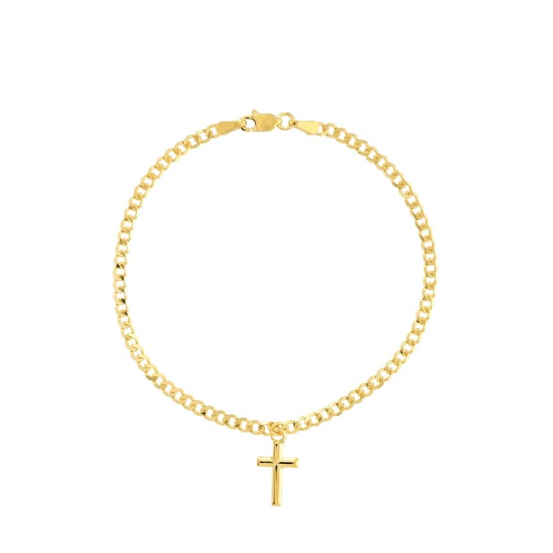 Curata 14k Yellow Gold 7.25" Dangling Cross 2.7mm Curb Chain Bracelet