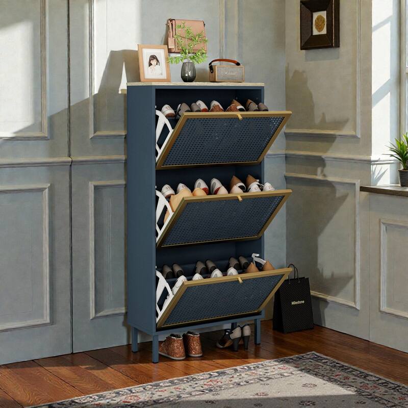 Modern Metal Door Shoe Cabinet with Rattan-Style Panels, Freestanding Shoe Rack Storage for Entryway with Adjustable Shelves