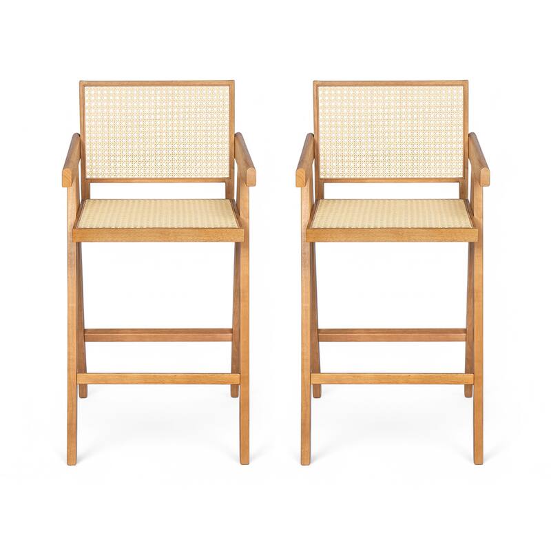 Modern Minimalist Bar Stool with Cane Seat & Natural Solid Wood Frame, 27" Counter Height