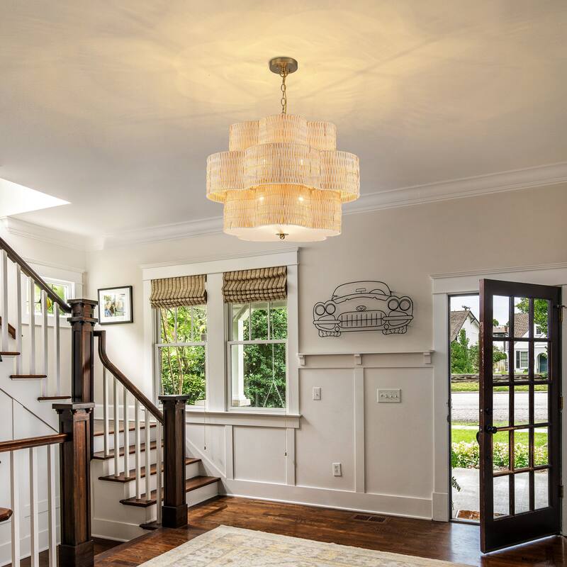 C Cattleya 6-Light Natural Rattan Chandelier with 3-Tier Hand Woven Flower-Shaped Shade - 24-inch