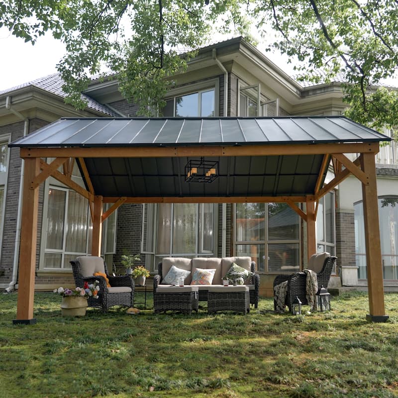 Cozywor 15 ft. x 13 ft. Outdoor Cedar Wood Patio Hardtop Gazebo