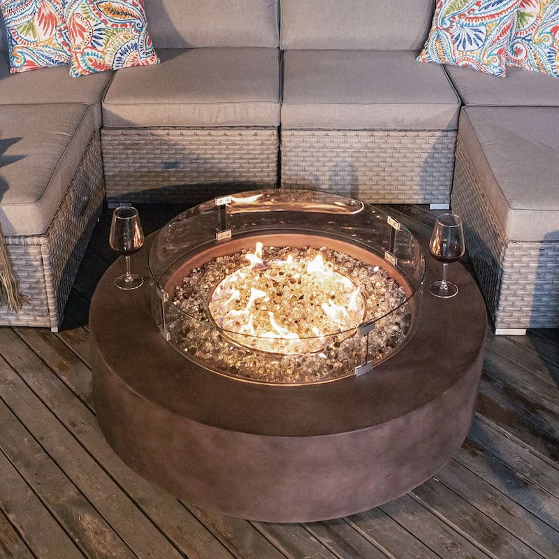 COSIEST 42'' Outdoor Round Propane Fire Pit w Wind Guard and Fire Glass