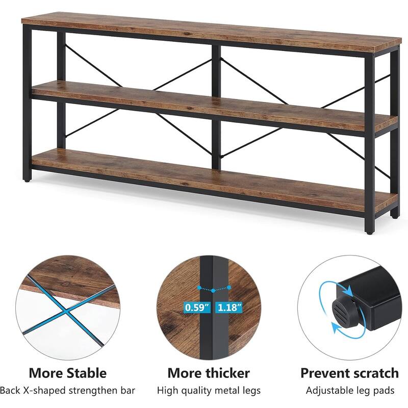 Brown MDF Extra-Long Sofa Table with 3 Open Shelves and Metal Legs - 70.87” L x 11.81 W x 35.83 H